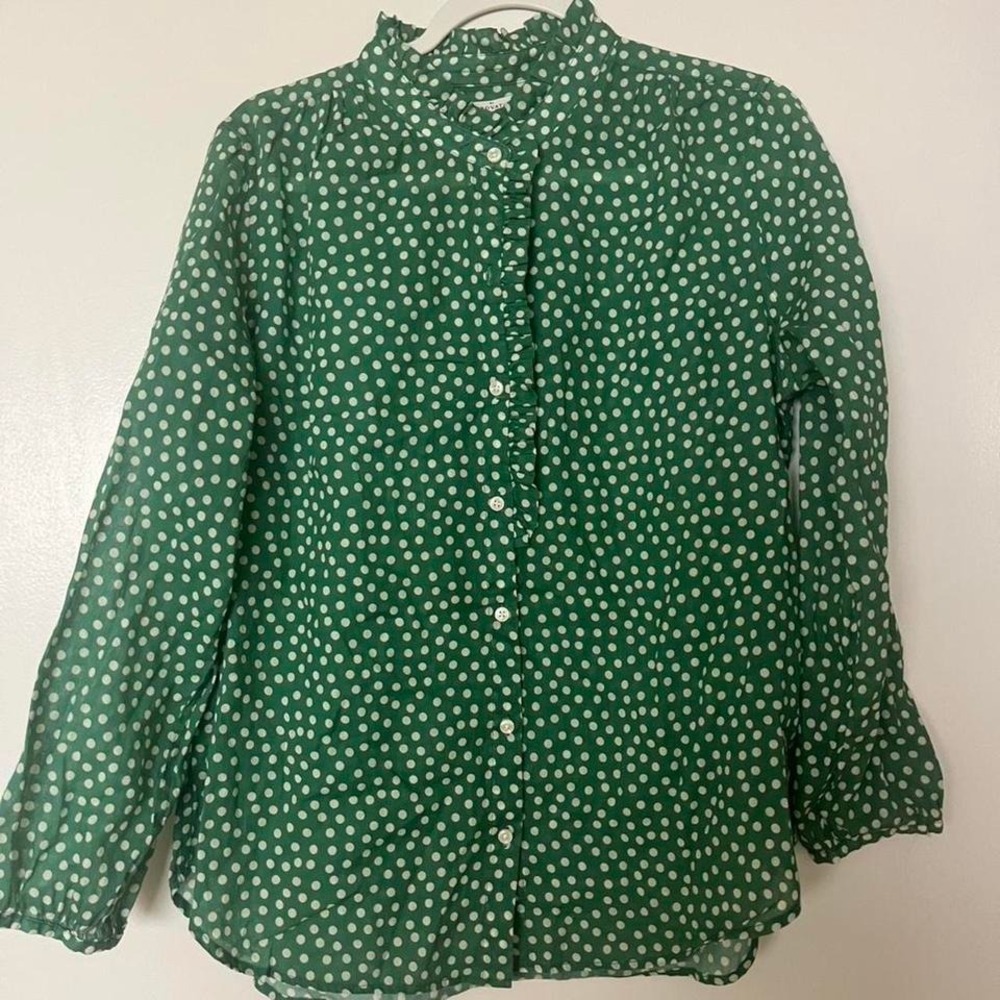 green polka dot blouse birds of paradis top sheer lightweight romantic feminine